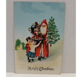 Antique Christmas Postcard Santa Claus Gives Children a Basket of Fruit Germany